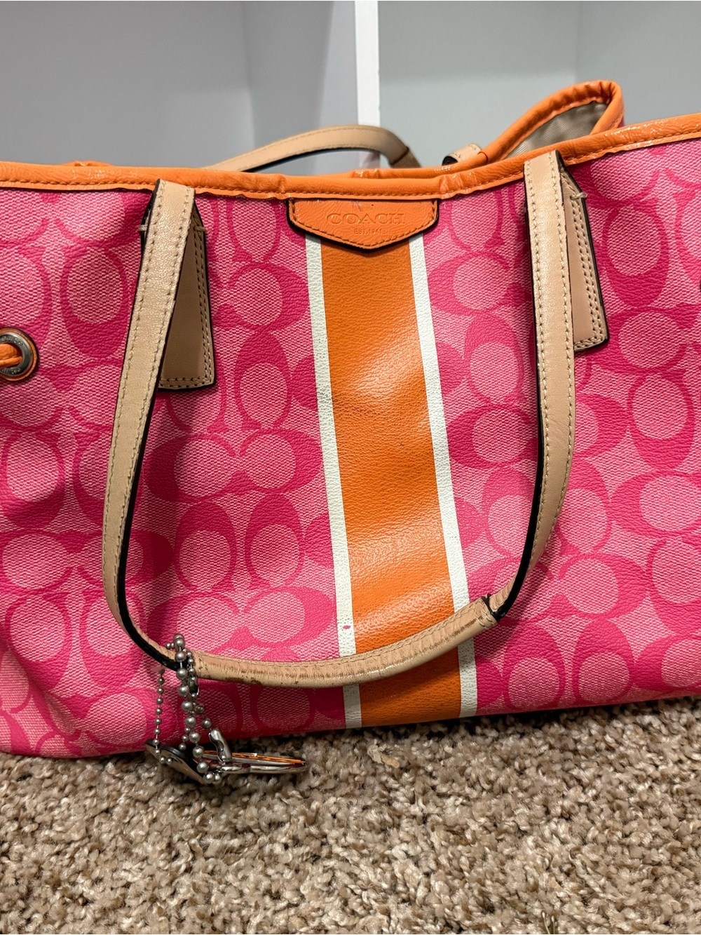 Coach Pink and Orange Signature Stripe Tote